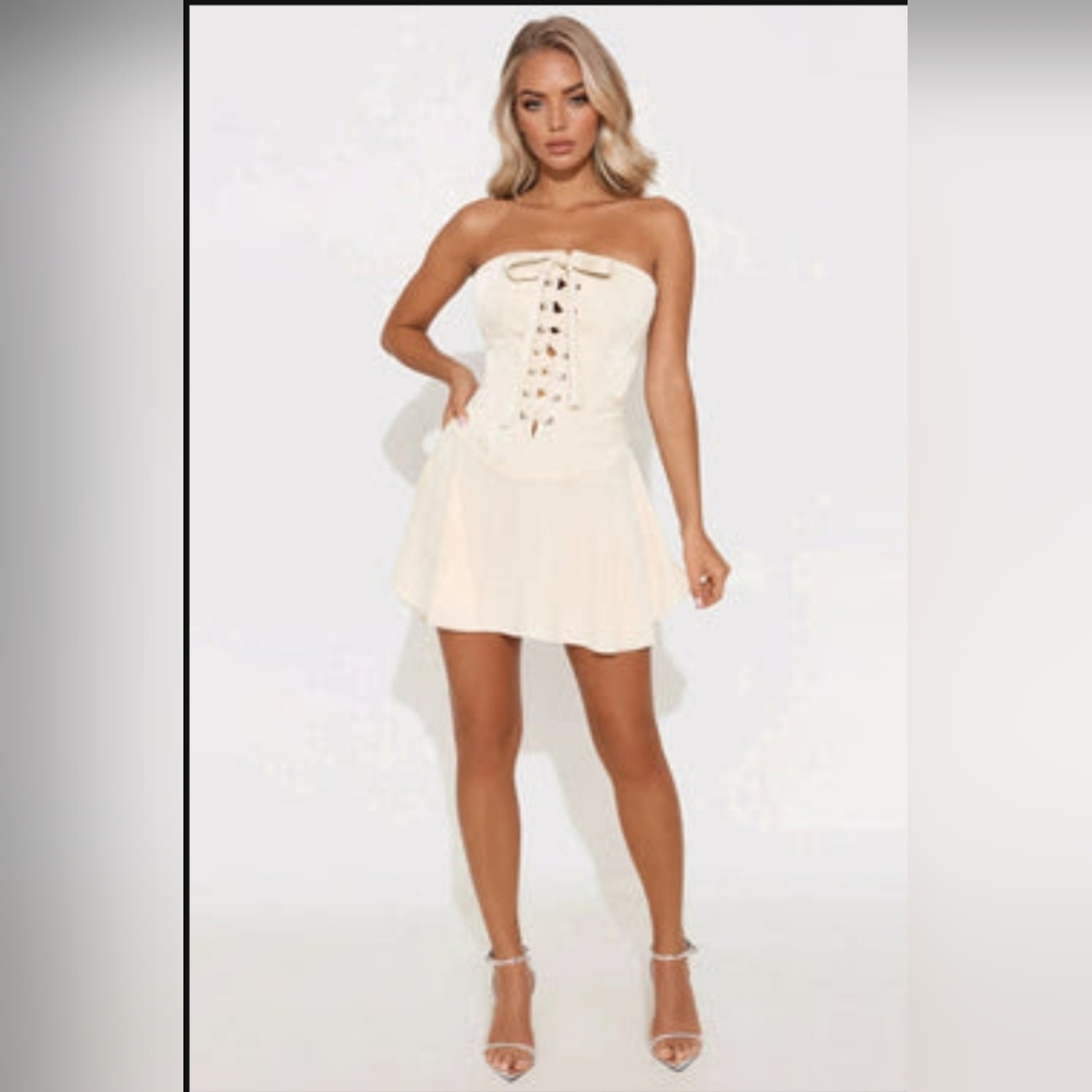 Fashion Nova Cream Strapless Lace-Up Mini Dress